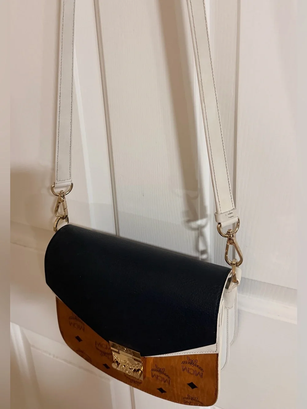 MCM Colorblock Visetos Crossbody in Cognac, Black & Cream
